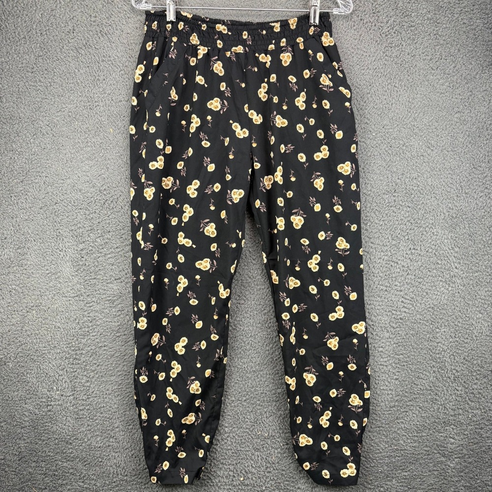 Mudd Womens Medium‎ Black Floral Print Elastic Waist Jogger Pants Boho Casual